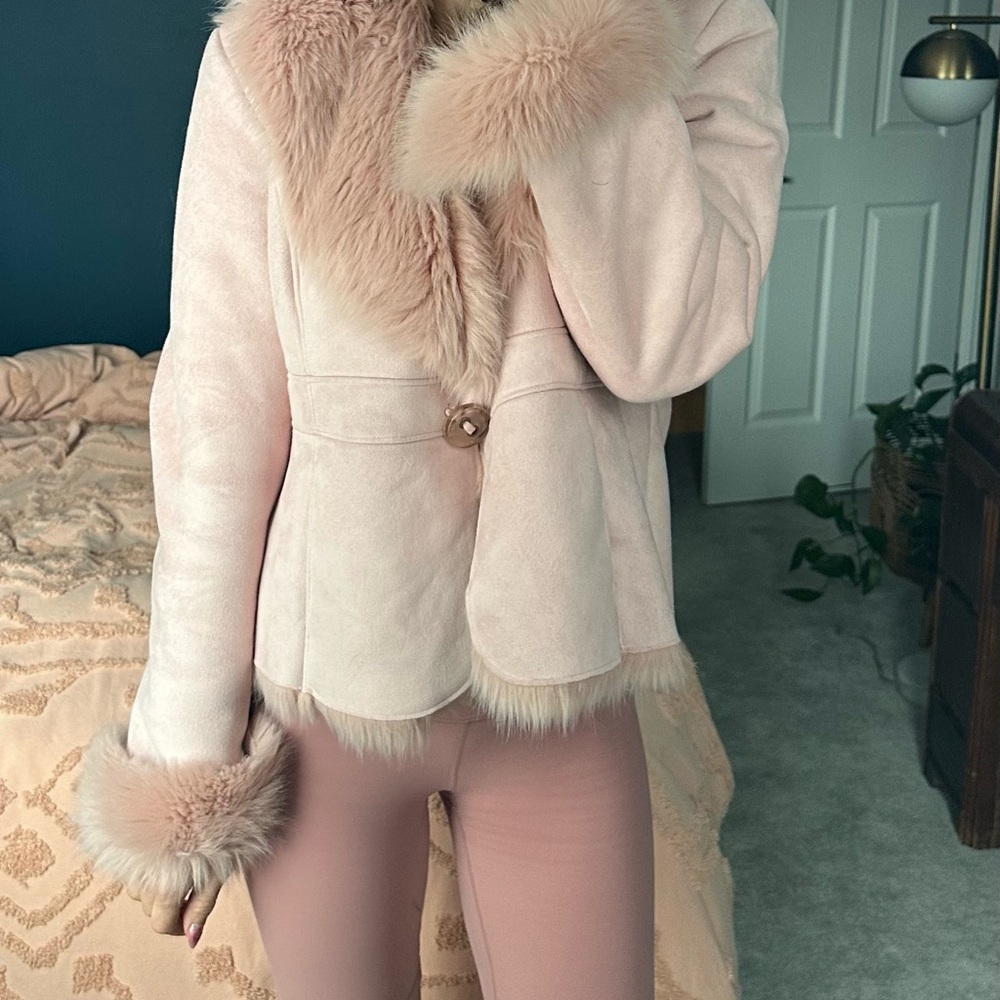 Vintage Esprit Pink Teddy Jacket with Faux Fur Trim faux suede